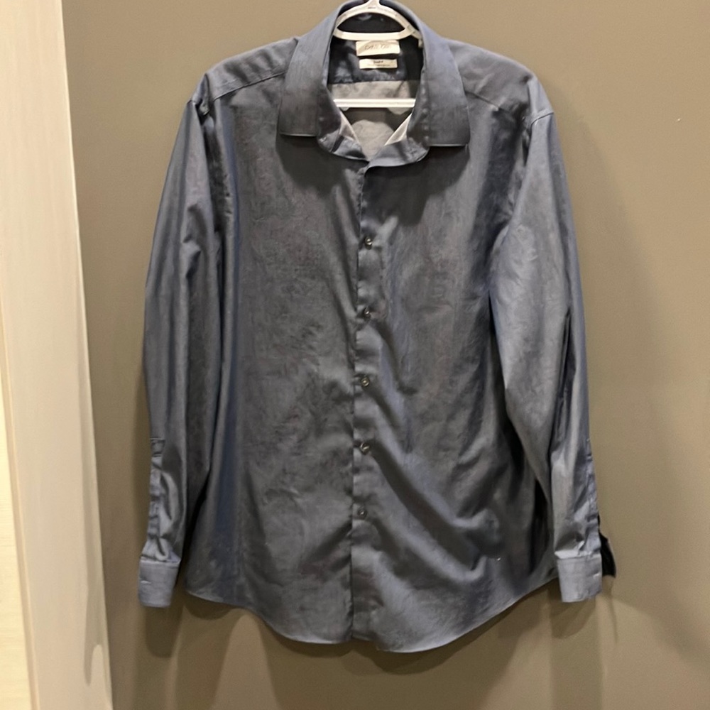 Calvin Klein Steel + SlimFit Silver & Gray Button Up Dress Shirt Size 17.5 34 XL